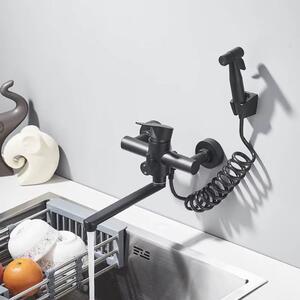 Miscelatore da cucina – Miscelatore da cucina a parete – Acciaio inossidabile 304 – Acqua calda e fredda – Miscelatore monocomando – Doccetta estraibile – Bocchetta girevole a 360° – Nero