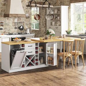 Isola da cucina con tavolo allungabile, dimensioni 120–223x40x73.8 cm, realizzata in MDF e metallo, colore bianco con finitura effetto legno di quercia, e dotata di spazio contenitivo per cucina e sala da pranzo