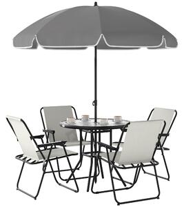 Set da Giardino 6 Pezzi con 4 Sedie Pieghevoli Ombrellone e Tavolo Rotondo Crema Grigio e Nero