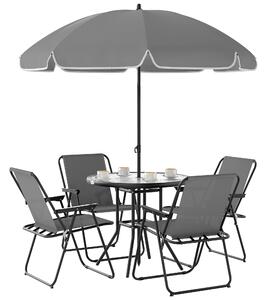 Set da Giardino 6 Pezzi con 4 Sedie Pieghevoli Ombrellone e Tavolo Rotondo Grigio e Nero