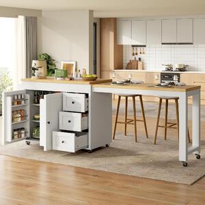 Isola da cucina, altezza 116–179,5 cm, realizzata in MDF e metallo, colore bianco, con piano estendibile e spazio contenitivo per cucina e sala da pranzo, con finitura effetto legno