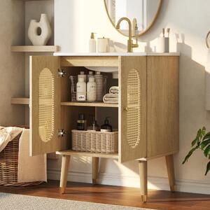 Mobile lavabo da 61 cm con lavabo in Vetroceramica, modello autoportante con finitura effetto legno naturale, dotato di due ante in rattan e due ripiani fissi per il bagno