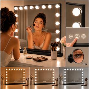 Specchio da trucco LED Hollywood in metallo 80x62 cm - 3 toni di luce, USB, Nero