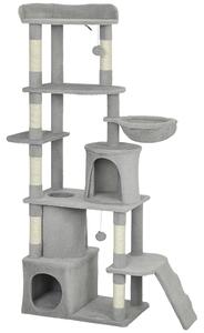 PawHut Albero Tiragraffi per Gatti con 2 Casette, Amaca, Tunnel, e Lettino, Pali in Sisal, 60x40x170 cm, Grigio | Aosom Italy