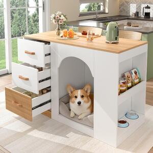 Isola da cucina con area per animali domestici, 3 cassetti e ripiani laterali, bianca con finitura effetto legno, dimensioni 120 x 60 x 90 cm