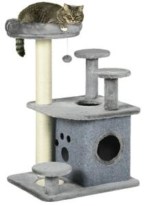 Tiragraffi per Gatti Albero con Lettino e Casetta 60x48x92 cm in Sisal e Peluche Grigio