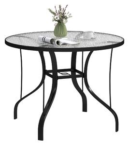 Tavolino da Giardino Rotondo Ø96.5x71 cm con Foro per Ombrellone in Metallo e Vetro Temperato Nero