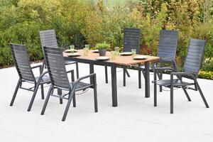 Set di mobili da giardino Merxx Siros, 7 pezzi, 6 poltrone regolabili tramite molla a gas, tavolo allungabile 150 (200) x 90 cm - Acacia/Alluminio