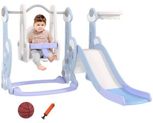 Scivolo per Bambini 4 in 1 con Altalena Canestro Arrampicata 147,5x160x107 cm Azzurro Chiaro