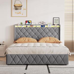 Letto imbottito REMZETTA, 160x200 cm, matrimoniale, con cassettone a sollevamento idraulico, luci LED RGB, porta USB-C, testiera con vano portaoggetti, rivestito in velluto, colore grigio