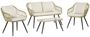 Set 4 Pezzi da Esterno 2 Sedie Divano 2 Posti e Tavolino con Piano in Vetro in Rattan PE Naturale e Crema