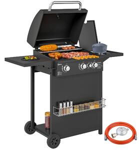 Barbecue a Gas con Bruciatori Indipendenti Coperchio con Termometro e Tavolino Laterale Nero