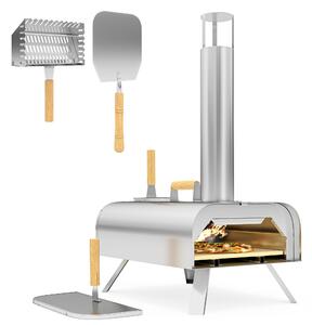 Forno per Pizza a Pellet 79x36x75 cm con Pietra Refrattaria e Pala in Acciaio Inox Argento