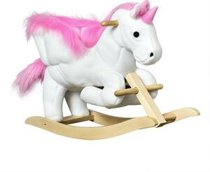 HOMCOM Cavallo a Dondolo a Forma di Unicorno con Musica, Struttura in Metallo e Legno, Rivestimento Peluche, 65x32x55cm, Bianco Rosa|Aosom