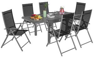 Set da Giardino con Tavolo da Pranzo Allungabile e 6 Sedie Pieghevoli in Acciaio Alluminio e Rete Grigio e Nero