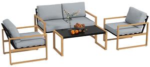 Set 4 Pezzi da Esterno Divanetto 2 Poltrone e Tavolino con Piano in Vetro in Alluminio e Fibra Grigio e color Legno