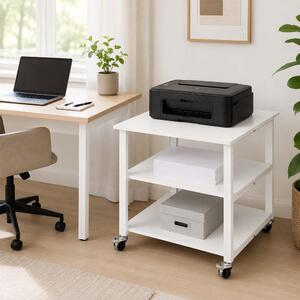 Tavolo per stampante Relaxdays con rotelle, 3 ripiani, dimensioni: 53 x 50 x 50 cm, carrello mobile per stampante, ufficio, supporto per stampante, bianco