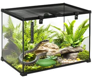 Terrario per Rettili Coperchio Scorrevole con Griglia Metallica e Termometro 50x30x35 cm in Vetro e Metallo Nero
