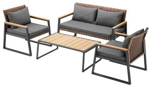 Set Salotto da Giardino Tavolino 2 Poltrone e Divano in Polyrattan con Cuscini Grigio e Marrone