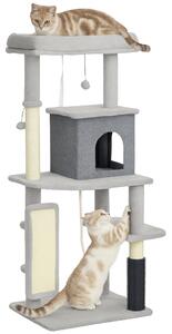 Albero Tiragraffi Multilivello Alto 132 cm con Casetta e Lettino in Peluche e Sisal Grigio