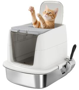 Lettiera Chiusa per Gatti a 2 Porte 52,4x41,3x39,8 cm Vaschetta in Acciaio Inox Bianco