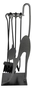 Trespolo per Attrezzi Camino Rettangolare Sagoma Gatto con Paletta Scopino Attizzino e Pinza 28x19x66 cm in Ferro Verniciato