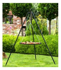 Treppiede per Barbecue Alto 180 cm con Griglia in Acciaio Naturale da 50 cm e Argano - Resistente alle Intemperie e Pieghevole