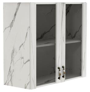 Pensile Cucina con Ante in Vetro 80x72x32 cm Bianco Effetto Marmo