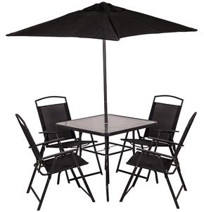 Set da Pranzo 6 Pezzi per Giardino Patio Tavolo Piano in Vetro con Ombrellone e 4 Sedie Pieghevoli Nero