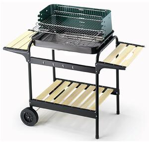 Barbecue a Carbone Griglia 58x38 cm Ompagrill 70501 Ripiani in Legno e Struttura in Acciaio Verniciato Nero