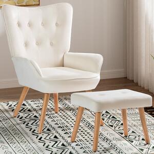 Poltrona da Salotto con Sgabello Poggiapiedi in Velluto Beige