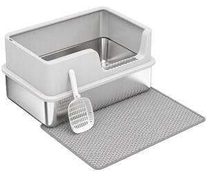 Lettiera per Gatti XL Fino a 8 kg 60x40x30 cm con Tappetino Vassoio e Paletta in Acciaio Inox e PP Grigio Chiaro