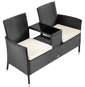 Divano da Giardino 2 Sedute Divise da Tavolino con Ripiano Vetro in Polyrattan Nero
