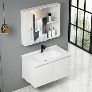Set Composizione Bagno Pensile Sospeso 80 cm con Specchio Mobile Lavabo e Rubinetto Bianco