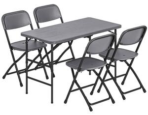 Set Tavolo Regolabile 118x60x74 cm e 4 Sedie da Giardino Pieghevoli in HDPE Effetto Legno Grigio Scuro