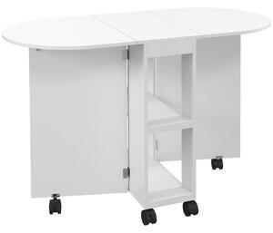 Tavolo da Pranzo Pieghevole per 2-4 Persone 120x60x77 cm con 6 Ruote Ripiani a 2 Livelli e 2 Ribalte in Pannello di Particelle Bianco