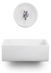 Lavello Rettangolare da Esterno 45x35 cm con Rosone Installazione a Muro in Cemento Madrid Bianco