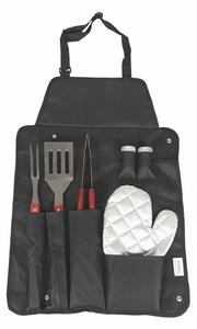 Set 6 Utensili Barbecue in Acciaio Inox e Legno con Grembiule in Nylon Nero