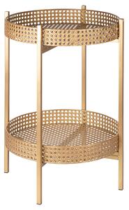 Tavolino Ø36x60 cm 2 Ripiani Effetto Paglia Di Vienna in Ferro Oro
