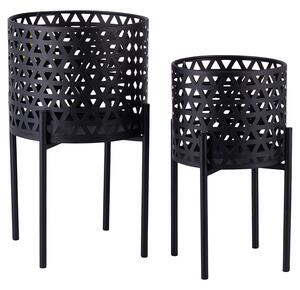 Set 2 Porta Vasi Ø20x36 cm e Ø25x43 cm con Piedistallo in Ferro Nero