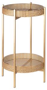 Tavolino Ø40x70 cm 2 Ripiani Effetto Paglia Di Vienna in Ferro Oro