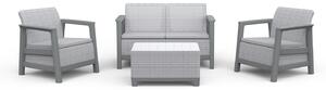 Set Salotto da Giardino 4 Pezzi Divano Poltrone e Tavolino Contenitore Keter Scandi Linea Effetto Juta Grigio Chiaro e Grigio Scuro