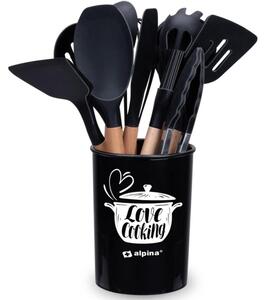 Set 12 Utensili da Cucina con Supporto in Silicone e Manico Legno Nero