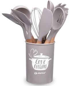 Set 12 Utensili da Cucina con Supporto in Silicone e Manico Legno Tortora