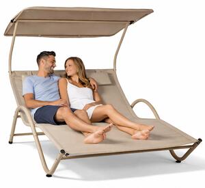 Lettino Lounge 2 Posti da Esterno 200x145x135 cm Tetto Parasole Anti UV Telaio Tubolare Sabbia