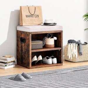 Panca Scarpiera da ingresso Industrial 44x30x40 cm con Cuscino Imbottito e Mensola Marrone Beige