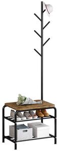 Appendiabiti con Panca 2 Ripiani Portascarpe 54x35x175 cm in Metallo e MDF Duplex Nero/Noce