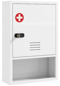 Armadietto Porta Medicinali da Parete 40x15x60 cm a 3 Ripiani con Chiave Anta Ventilata e Vani Portaoggetti in Acciaio Laminato Bianco