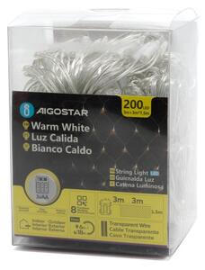 Aigostar-Catena LED natalizia da esterno 200xLED/8 funzioni 3xAA 6x1,5m IP44 bianco caldo