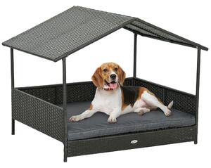PawHut Casetta per Cani Rialzata con Cuscino Sfoderabile, in Rattan PE e Acciaio, 117x85x89 cm, Grigio e Marrone|Aosom